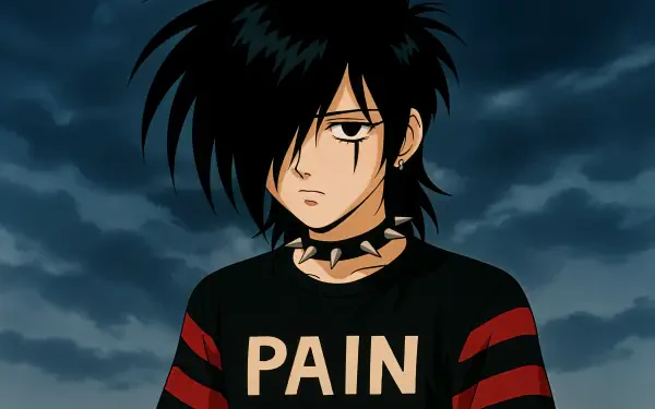 Emo anime character with black spiky hair and piercing eyes, wearing a black shirt labeled PAIN and a spiked choker, set against a dark cloudy sky in 4K Ultra HD.