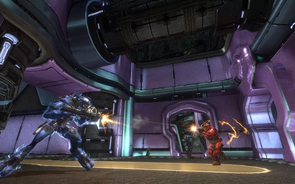 HD PC desktop wallpaper showcasing intense combat between armored soldiers inside a futuristic, purple-lit Halo Combat Evolved Anniversary video game environment.