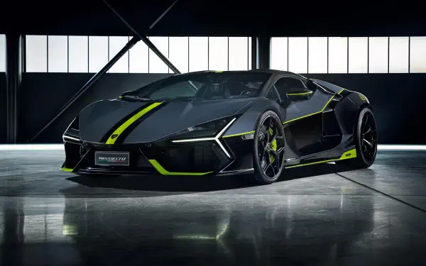 Black Lamborghini sports car with neon green accents showcased in a sleek industrial garage, featured as an 8K Ultra HD PC desktop wallpaper background.