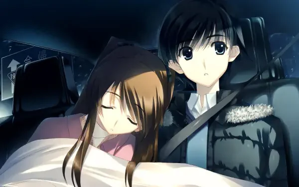 HD anime desktop wallpaper from White Album 2 featuring a young couple sitting closely together in a car, the girl resting her head on the boy’s shoulder.