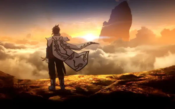 HD PC desktop wallpaper featuring a scene from the video game Tales of Zestiria, with a character overlooking a glowing cloudscape at sunset.
