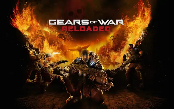 HD PC desktop wallpaper featuring intense characters from the video game Gears of War: Reloaded, set against a fiery, battle-ravaged background.