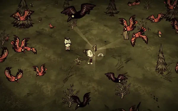 HD PC desktop wallpaper featuring a dark, eerie scene from the video game Don't Starve Together, with characters surrounded by aggressive birds in a forest setting.