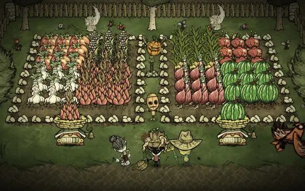 HD PC desktop wallpaper featuring a vibrant farm scene from the video game Don't Starve Together with crops and characters in a dark, stylized art style.