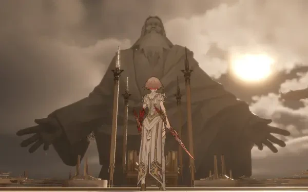 HD PC desktop wallpaper from the video game AI LIMIT, showing a character facing a colossal statue with open arms under a cloudy sky.