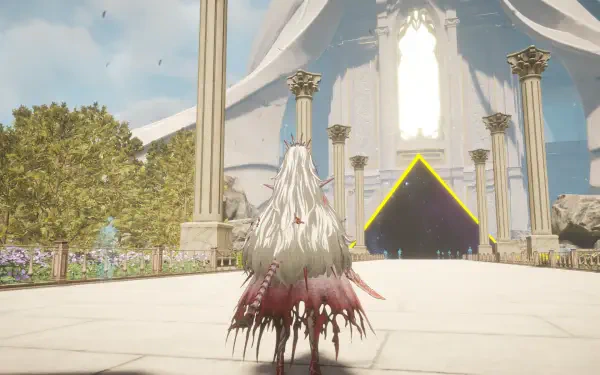 HD PC desktop wallpaper from the video game AI LIMIT, featuring a character with long white hair facing a grand, sunlit temple entrance surrounded by pillars and greenery.