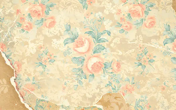 A 4K Ultra HD desktop wallpaper featuring a vintage floral pattern with soft pastel roses and leaves on a textured, worn beige background.