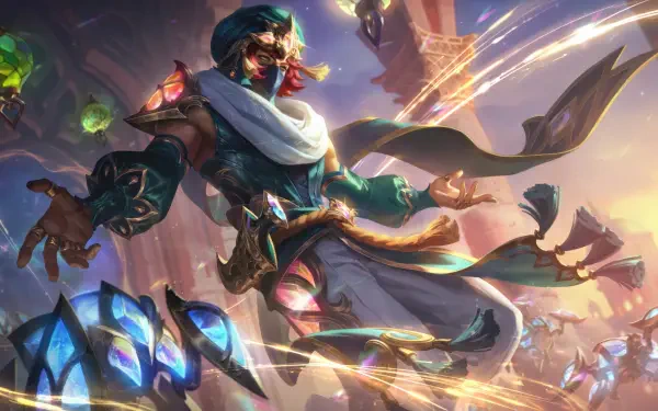 8K Ultra HD wallpaper featuring Malzahar from League of Legends in dynamic action, set against a vibrant and dramatic fantasy battlefield background.