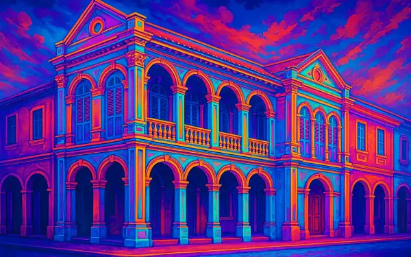 Vibrantly colored 4K Ultra HD PC wallpaper of colonial architecture featuring grand arches and detailed columns against a dramatic, colorful sky.