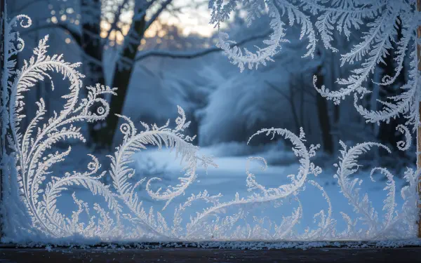 4K Ultra HD PC desktop wallpaper showing intricate frost patterns on a window with a blurred winter forest in the background at dawn.