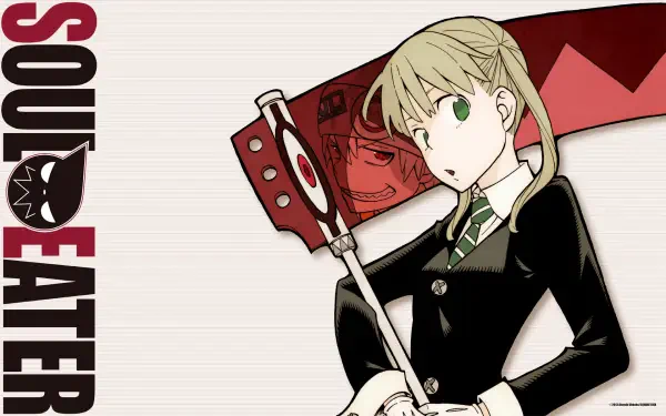 HD anime desktop wallpaper featuring Soul Evans and Maka Albarn from Soul Eater with a white background and bold red and black text.