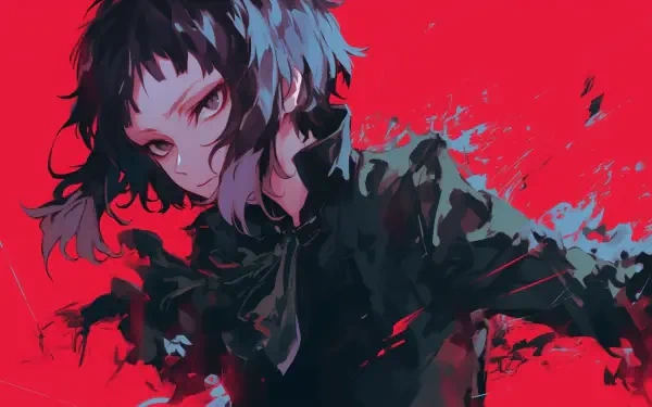HD anime wallpaper featuring Ryūnosuke Akutagawa from Bungou Stray Dogs against a striking red background with dynamic brushstroke effects.