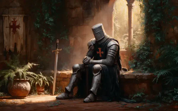 A Knight Templar in full armor, seated and resting in a dimly lit, ancient stone chamber surrounded by plants, captured in 4K Ultra HD for PC desktop wallpaper.