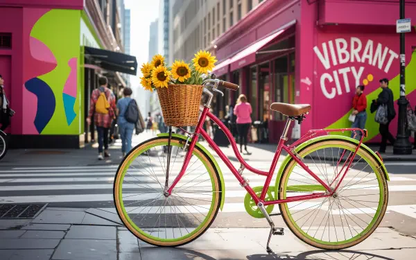 4K Ultra HD wallpaper of a vibrant street scene featuring a colorful bike with sunflowers in its basket against bright, artistic urban walls and pedestrians.