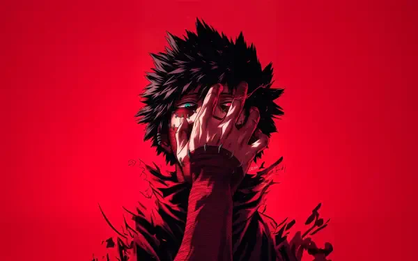 4K Ultra HD anime wallpaper featuring Dabi from My Hero Academia against a vivid red background, emphasizing his dark, intense appearance.