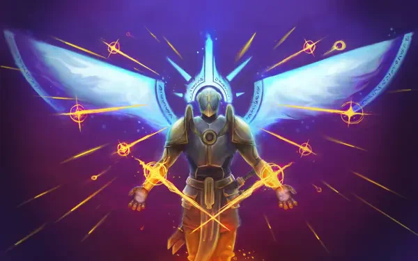 HD PC desktop wallpaper featuring a paladin character with glowing wings and fiery runes from the RPG video game ULTRAKILL.