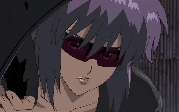Anime-style 4K Ultra HD desktop wallpaper featuring a female character from Ghost in the Shell with purple hair and red-tinted glasses in a dark setting.