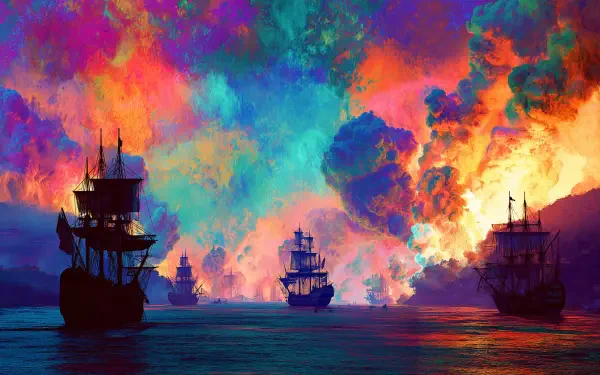 Colorful psychedelic art depicting pirate ships sailing through a vibrant, cloud-filled landscape, designed as an HD PC desktop wallpaper background.