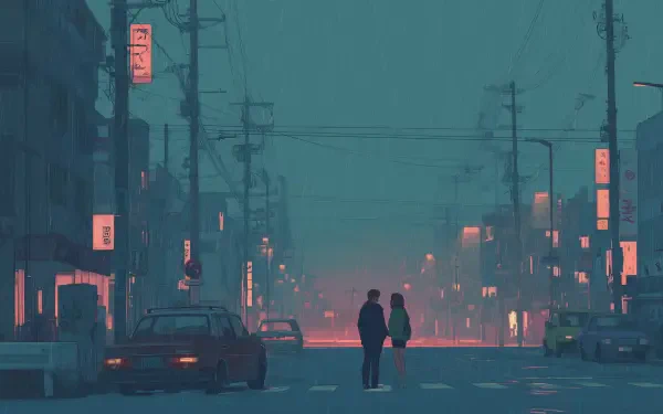 HD retro anime wallpaper depicting a couple standing in the rain on a city street illuminated by glowing neon signs.