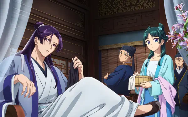 Anime-style 4K Ultra HD wallpaper featuring Jinshi and Maomao from The Apothecary Diaries in a traditional interior setting with detailed character designs and vibrant colors.