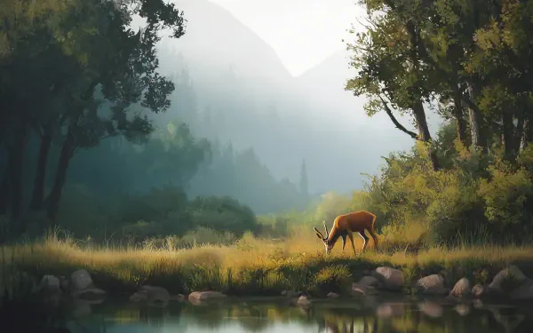 HD PC desktop wallpaper of a gazelle in a serene nature scene, featuring an artistic landscape with soft light, trees, and a reflective water body.