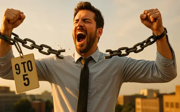 A man in business attire breaks free from chains labeled 9 to 5, symbolizing liberation from the traditional work routine, captured in a 4K Ultra HD desktop wallpaper.