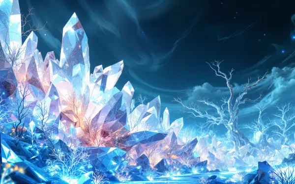 4K Ultra HD PC desktop wallpaper featuring luminous, crystalline formations glowing against a dark, mystical forest backdrop under a swirling night sky.