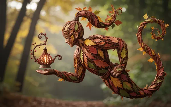 A detailed genie made of autumn leaves holds a glowing lamp, set against a blurred forest background in this 4K Ultra HD PC desktop wallpaper.