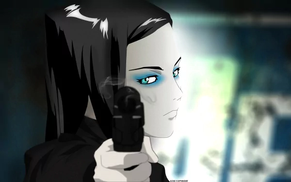 A striking HD anime wallpaper featuring a character from Ergo Proxy, poised with a gun, showcasing intense blue eyes and a dramatic expression against a blurred background.