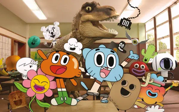 HD desktop wallpaper featuring Gumball Watterson, Darwin Watterson, and characters from the TV show The Amazing World of Gumball in a lively classroom scene.