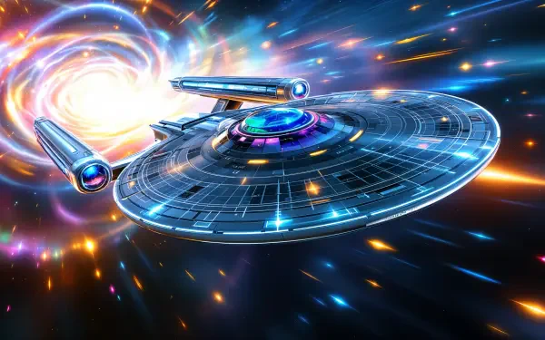 4K Ultra HD PC desktop wallpaper depicting a starship entering warp speed, with bright energy trails and a glowing space vortex in the background.