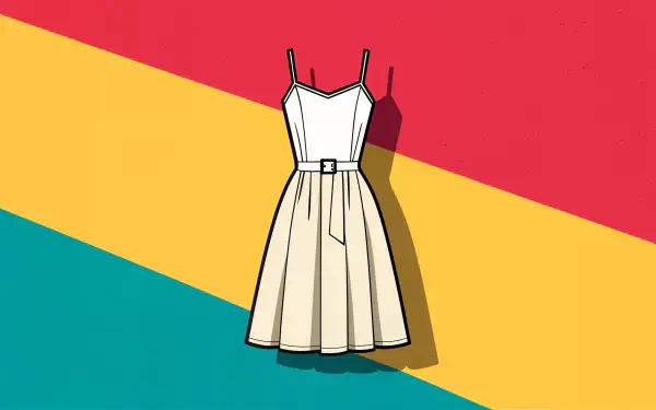 Illustration of a white sundress with a belt against a vibrant red, yellow, and teal striped background. 4K Ultra HD PC desktop wallpaper and background.