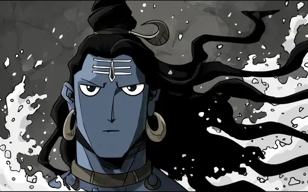 HD PC desktop wallpaper featuring a stylized, intense depiction of Shiva, also known as Mahadev, with flowing hair and traditional markings.