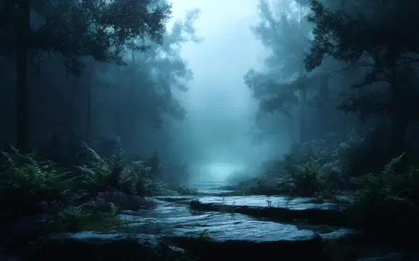 A misty forest scene with dense trees and fog enveloping the path, captured in stunning 4K Ultra HD for a PC desktop wallpaper.