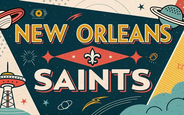 4K Ultra HD New Orleans Saints desktop wallpaper featuring retro space-themed design with the team's name and fleur-de-lis emblem prominently displayed.