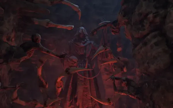 HD PC desktop wallpaper from the video game The Elder Scrolls IV: Oblivion, featuring dark, eerie figures in a shadowy, ancient setting.