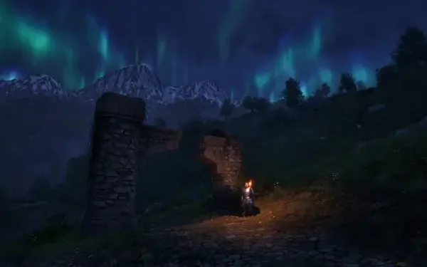 HD PC desktop wallpaper showcasing a nighttime scene from The Elder Scrolls IV: Oblivion, featuring a character with a torch in a mystical gaming environment under northern lights.