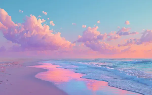 HD desktop wallpaper of a pastel-colored beach at sunset, capturing summer vibes and a relaxing atmosphere with soft pink and blue hues.