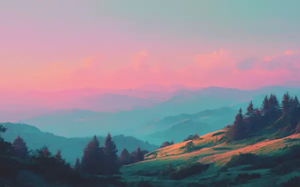 A serene summer forest landscape in pastel hues, blending soft pink skies with rolling hills and dense tree clusters, captured in HD for a calming desktop wallpaper.