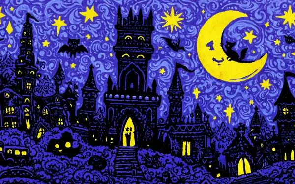 Whimsical dark art Halloween scene with a spooky castle, glowing windows, bats, a crescent moon, and swirling starry sky, designed as an HD PC desktop wallpaper.