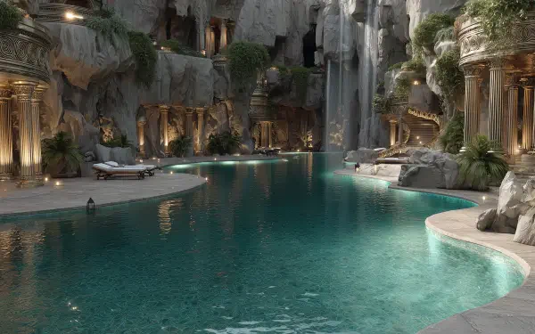HD desktop wallpaper showcasing a luxury hotel pool with elegant decor, surrounded by rock formations and cascading waterfalls for a serene, upscale ambiance.
