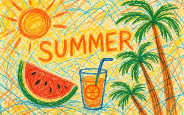 Colorful 4K Ultra HD desktop wallpaper featuring a vibrant summer scene with a bright sun, watermelon slice, orange drink, palm trees, and the word SUMMER in bold letters.