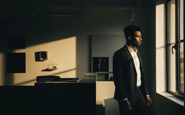 Office worker in a suit stands by a window, bathed in warm sunlight, in a modern office setting. 4K Ultra HD PC desktop wallpaper and background.