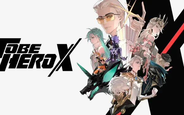 To Be Hero X 4K Ultra HD PC desktop wallpaper: stylized anime heroes and creatures arranged on a white and black diagonal split background with the series logo.