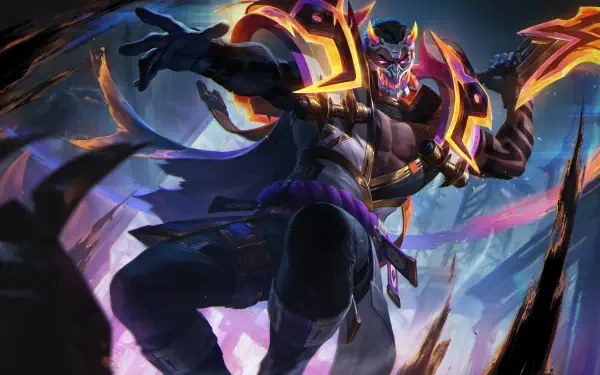 8K Ultra HD PC wallpaper showcasing Pyke from League of Legends in dynamic, vibrant detail, capturing the character's menacing pose and dark, fiery armor.