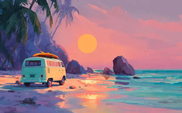 4K Ultra HD wallpaper of a serene beach at sunset with a vintage van parked on the shore, palm trees, and vibrant summer vibes reflected in the calm ocean water.