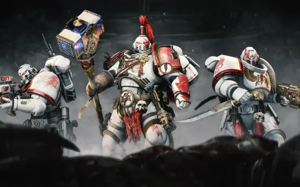 4K Ultra HD Warhammer 40K: Space Marine 2 desktop wallpaper featuring three heavily armored space marines wielding weapons against a dark, stormy background.