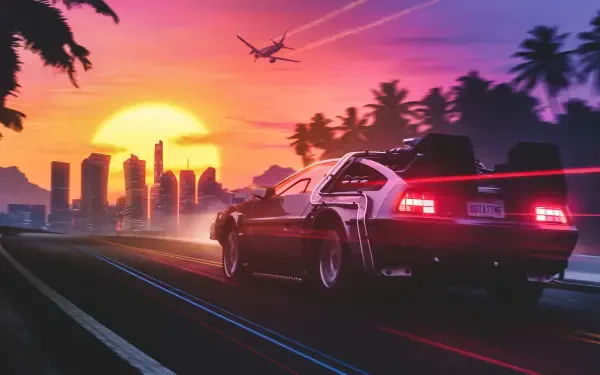vehicle DeLorean Back To The Future sunset synthwave HD Desktop Wallpaper | Background Image