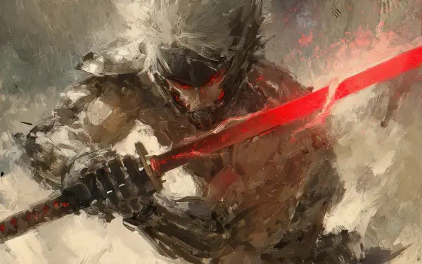 Digital artwork of a futuristic warrior wielding a glowing red sword, inspired by Metal Gear Rising. 4K Ultra HD PC desktop wallpaper and background.