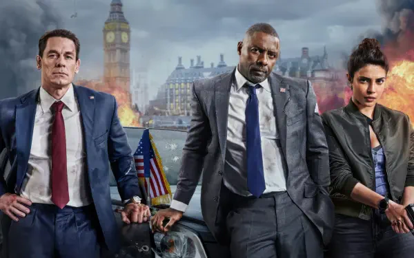 4K Ultra HD wallpaper featuring John Cena, Idris Elba, and Priyanka Chopra from the movie Heads of State, set against a dramatic London backdrop.